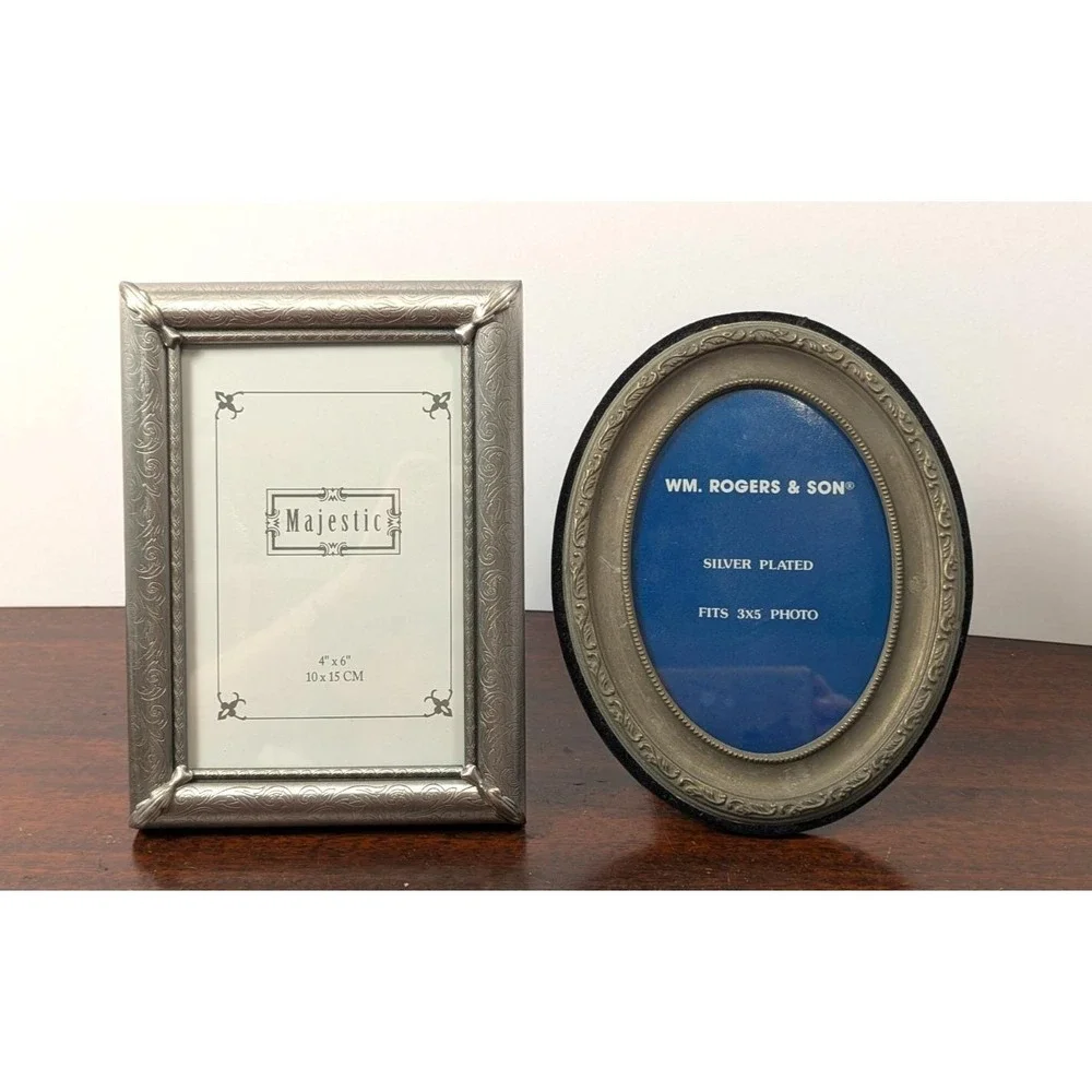 Pewter Tone Photo Frames Majestic 4x6 & WM Rogers Silver Plated 3x5 Oval Lot 2